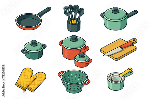 Isometric set of essential kitchen cookware and cooking tools for food preparation
