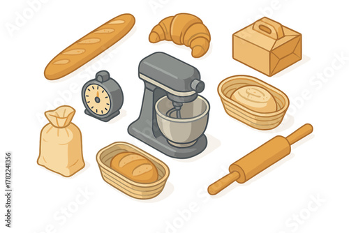 Assortment of kitchen appliances and fresh baked goods for bread and pastry preparation