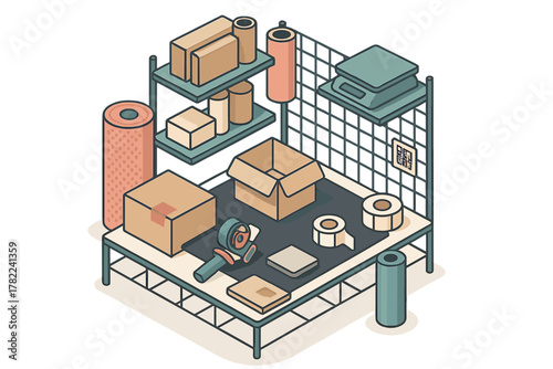 Isometric packing station with cardboard boxes, shipping supplies, and digital scale for e-commerce