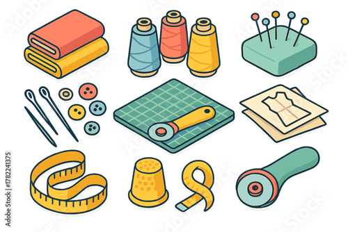 Colorful isometric collection of sewing and crafting supplies for tailoring