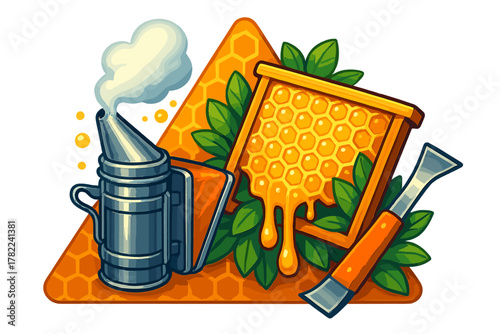 Beekeeping tools, smoker, hive frame, and honeycomb dripping with golden sweet honey