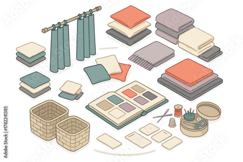Isometric collection of textile products and sewing accessories for home decor and crafting