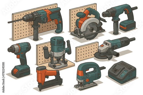 Isometric set of professional electric power tools for construction and home renovation