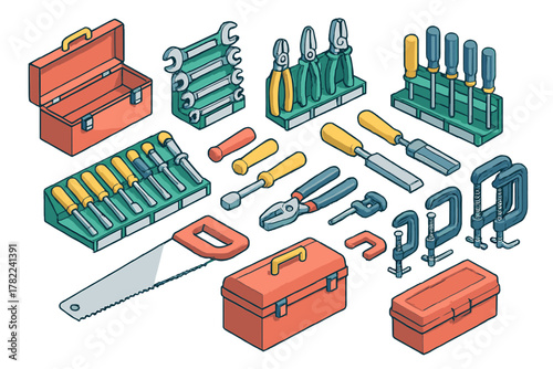 Isometric set of construction and repair hand tools including wrenches, pliers, screwdrivers, clamps, and toolboxes