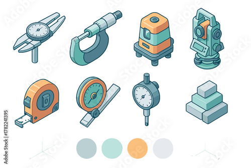 Engineering and construction tools for precise measurement and surveying in isometric style