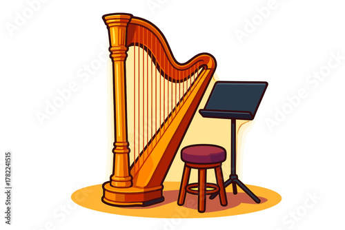 Elegant golden classical harp with musician stool and sheet music stand