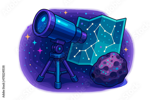 Telescope, constellation map, and asteroid used for astronomical research