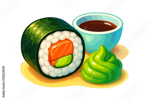 Delicious salmon avocado sushi roll served with wasabi and soy sauce in a modern style