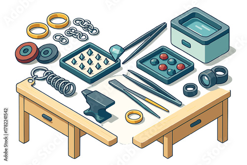 Jeweler's workbench with crafting tools, raw materials, gold rings, loose gemstones, and ultrasonic cleaning machine