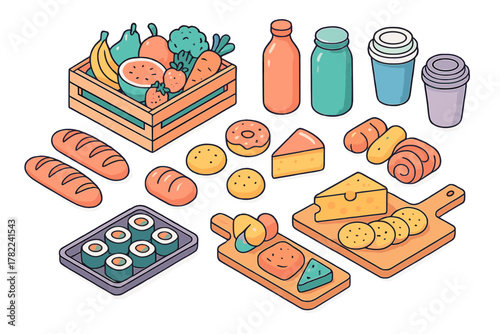 Isometric collection of diverse grocery products: fresh produce, baked goods, dairy, and drinks