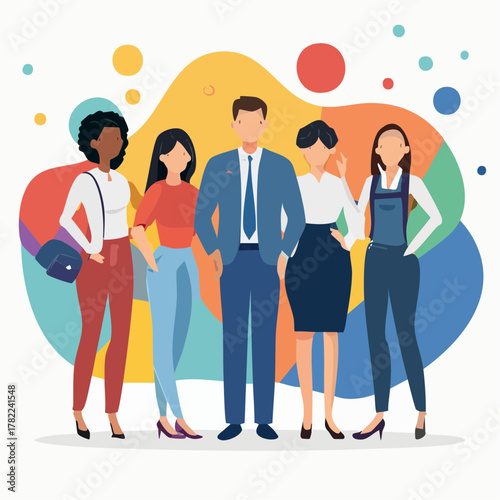 Diverse Corporate Team Illustration Embracing Inclusion in a Bright Abstract Studio Background