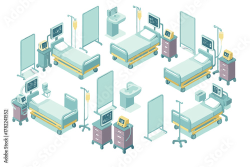 Isometric set of hospital beds and medical equipment for intensive care unit or emergency room