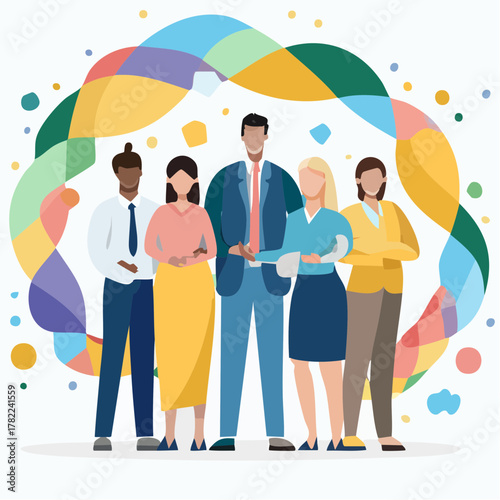 Diverse Corporate Team in an Inclusive Workplace Scene with Colorful Abstract Background