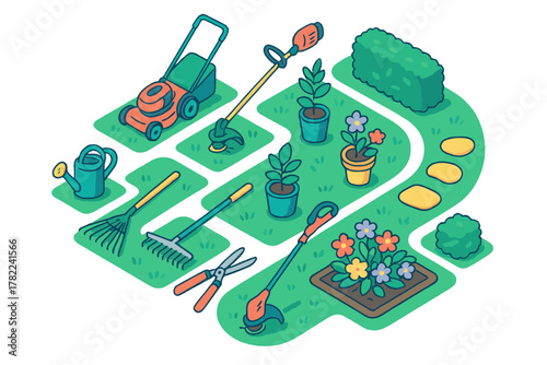 Essential gardening tools and equipment arranged on a stylized lawn with potted plants and flowers