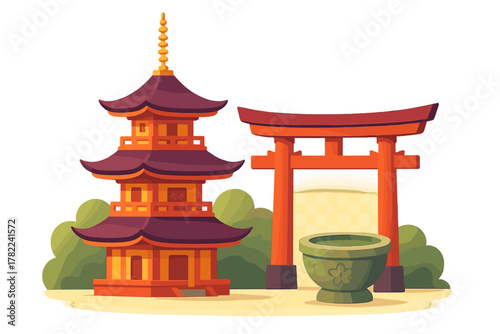 Stylized depiction of a traditional Japanese pagoda and iconic Torii gate with a ceremonial bowl