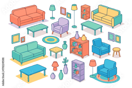 Large assortment of modern colorful isometric household furniture and interior accessories