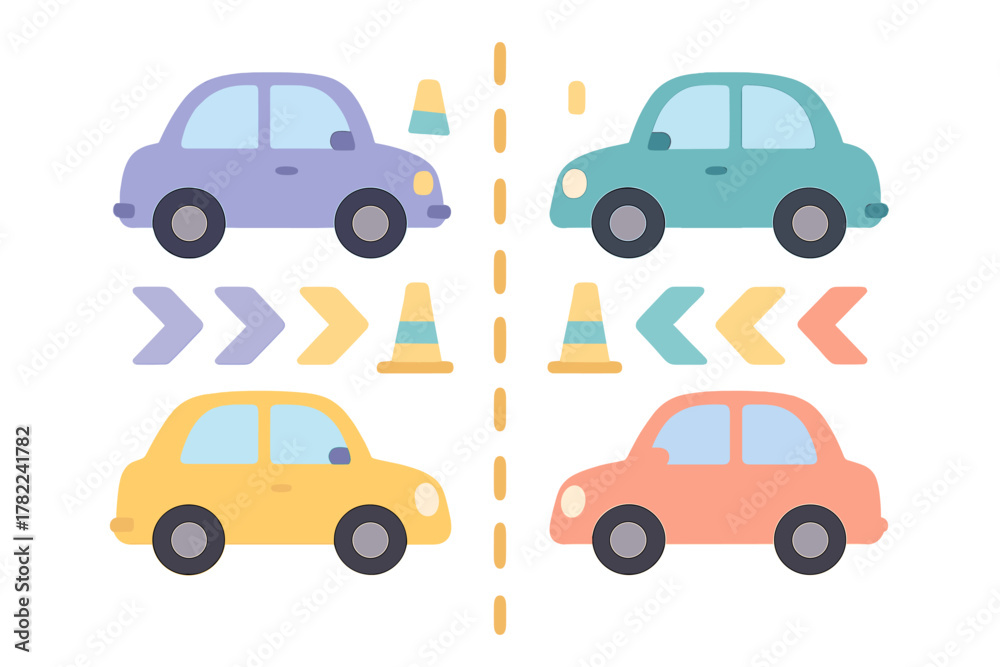 Fototapeta premium Cute colorful cars driving on a road with traffic cones and directional arrows