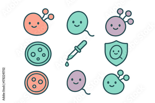 Adorable microbiology science symbols including bacteria, cells, petri dish, and immunity shield