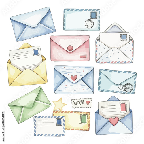 Vector Illustration of Colorful Envelopes and Letters in Modern Flat Style for Stationery Design