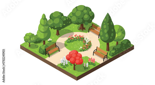 Serene isometric park scene with blooming flowers, lush trees, and inviting benches, perfect for relaxation and nature themes