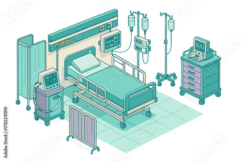 Empty intensive care unit room setup with patient bed and life support machinery