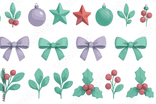 Seamless pattern of cute pastel Christmas holiday decorations and winter botanical elements