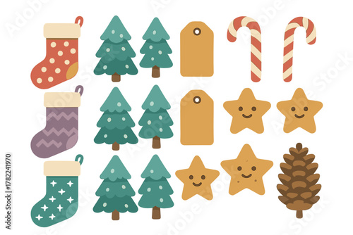 Colorful Christmas stockings, evergreen trees, sweet candy canes, and smiling star cookies set