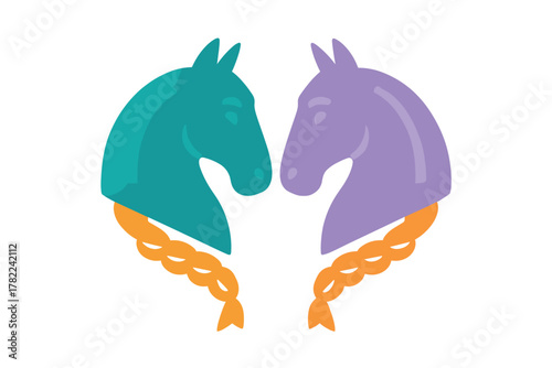 Symmetrical stylized horse heads facing each other with braided manes and vibrant colors