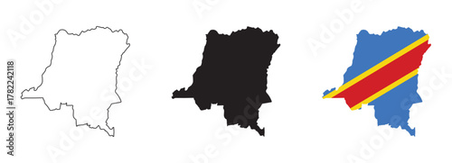 Democratic Republic of the Congo map vector set with editable outline black silhouette and national flag featuring blue background red diagonal stripe and yellow star for geography and education use