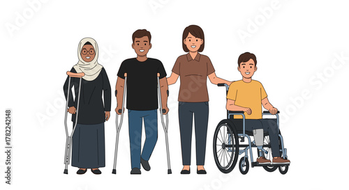Diverse individuals embracing life with mobility aids, showcasing resilience, inclusion, and support in a positive community atmosphere