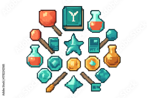 Pixelated fantasy game assets collection featuring magic potions, glowing gems, spell book, and ancient keys