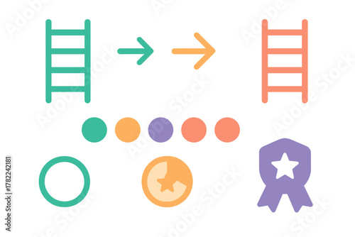 Simple colorful graphic icons representing progress, achievement, and development concepts
