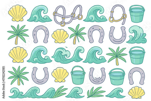 Seamless pattern featuring whimsical beach and western elements like seashells, ocean waves, palm trees, horseshoes, and horse tack