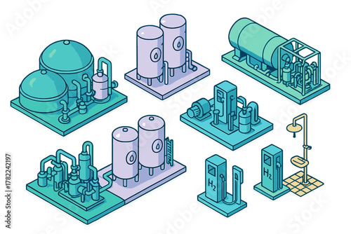 Isometric industrial equipment set for hydrogen energy production and distribution infrastructure