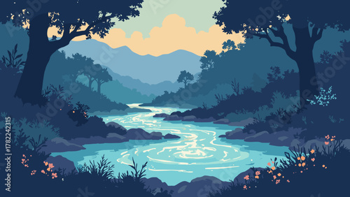 Pulse-springs oasis — ringed thermal springs pulsing faint color waves beneath a dark canopy, palette: saffron, cerulean, charcoal, no people