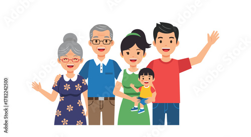 Joyful multi-generational family waving hello, representing togetherness and happy moments for diverse households