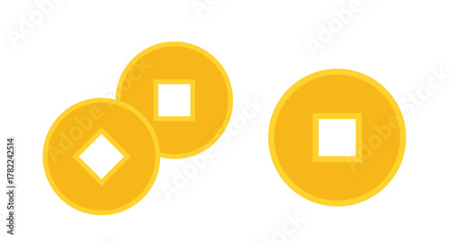 Set of Chinese gold coin icon.
Traditional chinese copper coin flat vector illustration.
White background.