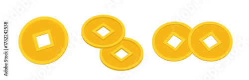 Set of Chinese gold coin icon.
Traditional chinese copper coin flat vector illustration.
White background.
