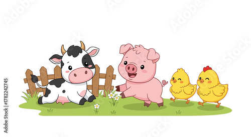 Adorable cartoon farm animals including a cow, pig, and chickens enjoying a sunny day on a grassy field with a wooden fence