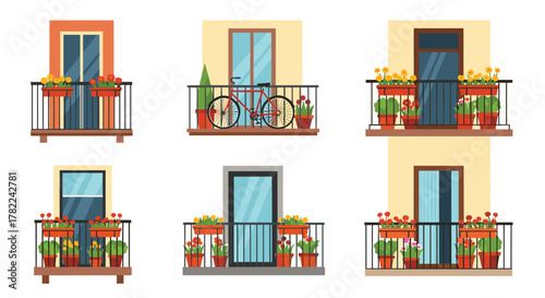 Charming balconies adorned with vibrant flowers and a classic bicycle evoke a sense of urban tranquility and home