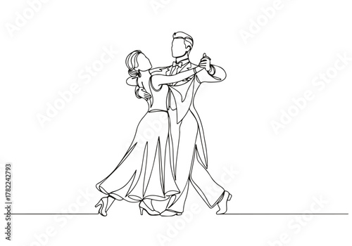 Graceful couple dancing, a minimalist continuous line drawing art sketch illustration of ballroom elegance