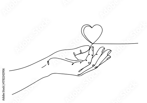 Vector continuous line drawing sketch art of a hand holding a heart, symbolizing kindness and care