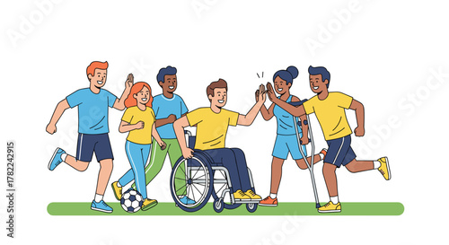 Diverse team celebrating athletic achievement together in vibrant outdoor setting with soccer ball and crutches