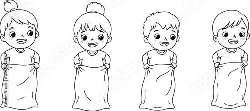 Cute kids standing with sacks black and white line art illustration, children ready for sack race coloring page design