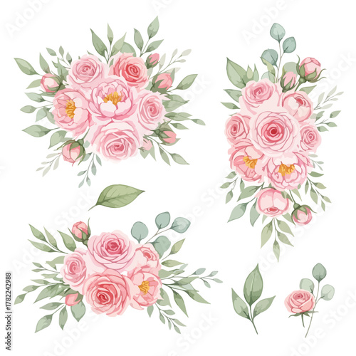Vector Floral Pattern with Pink Roses and Green Leaves in Vintage Botanical Style