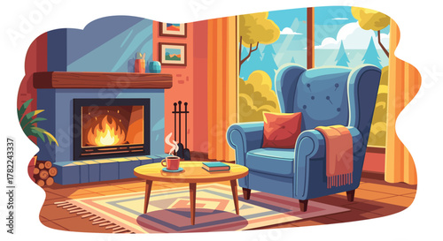 Cozy living room scene with roaring fireplace, plush armchair, and warm beverage creates inviting atmosphere for relaxation and comfort