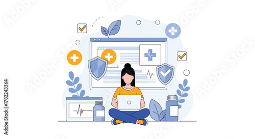 Woman using laptop for online healthcare management, accessing digital health records and telemedicine services with medical icons