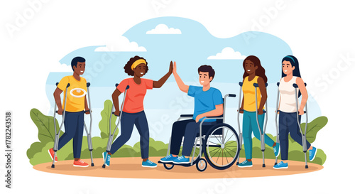 Diverse group celebrating inclusion and resilience, individuals high-fiving with crutches and wheelchair in sunny outdoor park
