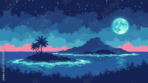 Neon archipelago at night — chain of small islands outlined in soft neon and biolume surf, palette: ultramarine, neon green, coral, no people