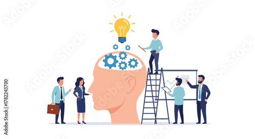 Dynamic team collaborates on innovative ideas, visualizing concepts with gears and a bright lightbulb symbolizing creativity and strategy